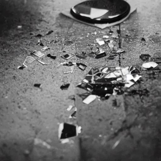 Image similar to old black and white newspaper photo of a broken mirror shattered on the ground in a lavish bathroom