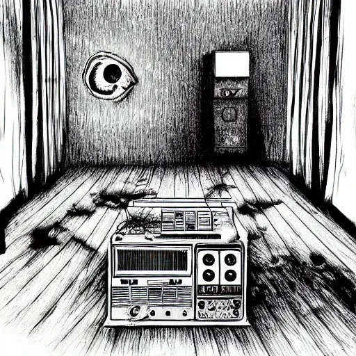 Image similar to A room with a tv and video-game, horror, creepy, dark, manga, hq, pencil, inspired by junji ito, superior quality, masterpiece