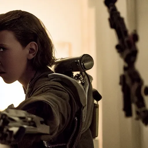 Image similar to Millie Bobby Brown as the Terminator, movie still, dramatic, dark, bloody, doomsday