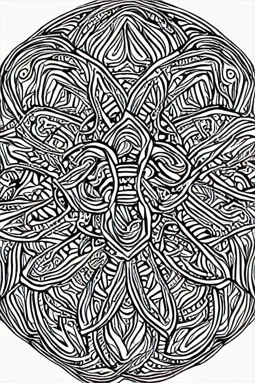 Image similar to a thin intricate lineart swirling tribal mandala design, black and white