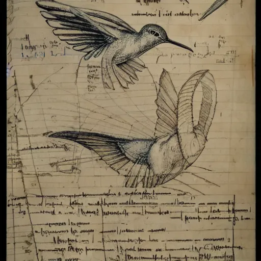 Image similar to full page scan of 1400s detailed hummingbird concept art, architectural section, plan drawing, page, paper, parchment, papyrus, fantasy, horror, occult, diagram, informative texts, graphs, notes, scribbles, human thigh anatomy anatomical, blur