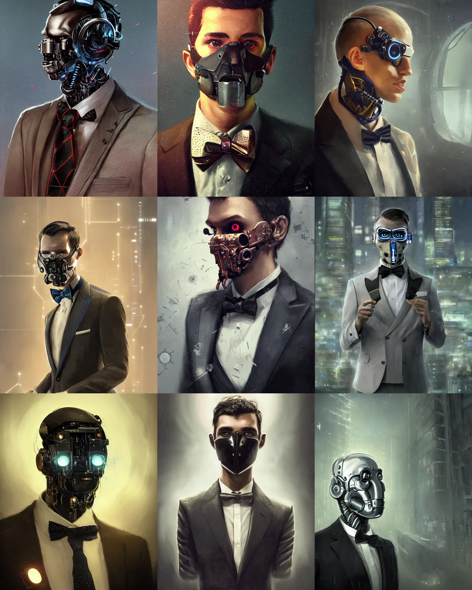 Image similar to a clever young engineer man with cybernetic enhancements wearing a suit and bowtie, detailed mask, scifi character portrait by greg rutkowski, esuthio, craig mullins, 1 / 4 headshot, cinematic lighting, dystopian scifi gear, gloomy, profile picture, mechanical, half robot, implants, steampunk