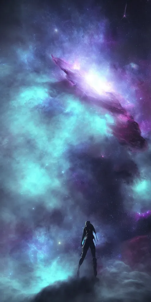 Image similar to a celestial in the middle of a nebula, deep colour, black, purple, realistic, sci-fi, unreal engine 5, space ,