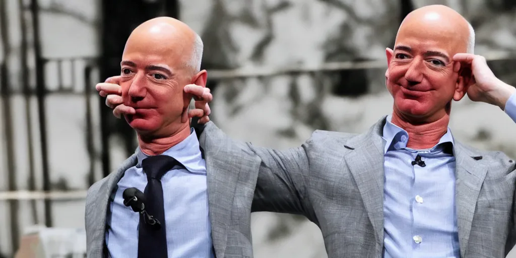 Image similar to ' jeff bezos holding his own head