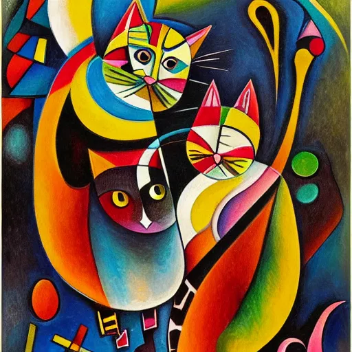 Image similar to A highly stylized conceptual art 4k shaded, finely detailed, matte painting with intricate textures and patterns of two abstract expressionist cats , their bodies intertwined together in the style of Kandinsky