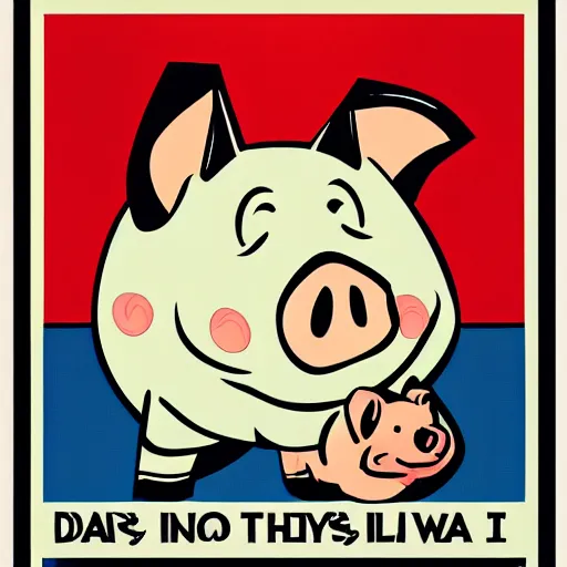 Image similar to propaganda poster with a cartoon pig as the centerpiece