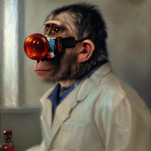 Image similar to portrait of a monkey doctor at a chemical lab, artwork by gaston bussiere, craig mullins, trending on artstation, monkey dressed as a scientist, using googles and wearing a doctor coat