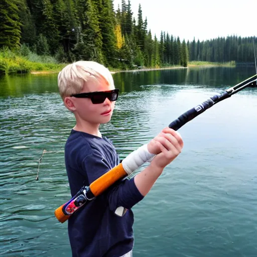 Prompt: Canadian blond kid with blue eyes wearing sunglasses carrying a fishing rod on one hand and fish on the other near a lake.