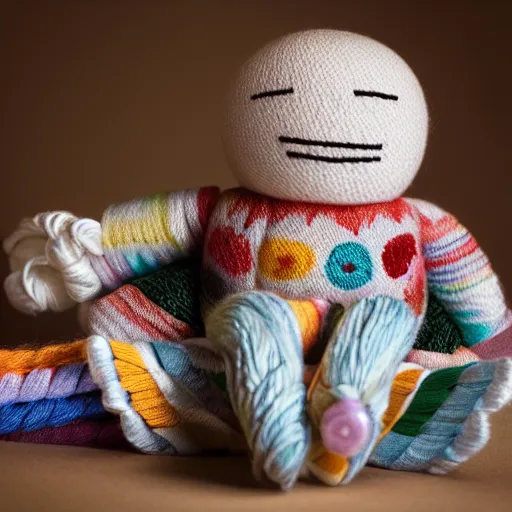 Image similar to yarn doll, hide the pain harold, product photography, commercial lighting