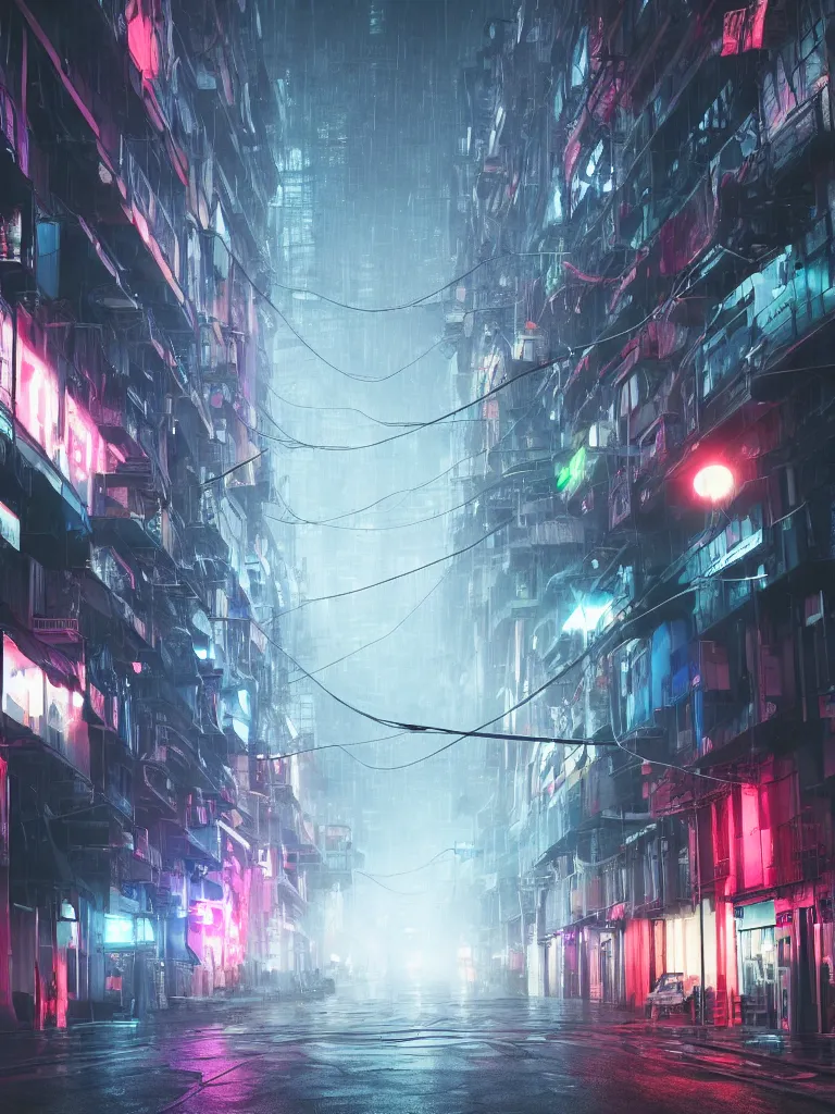 Image similar to neonpunk street, hanging cables, narrow, garbadge on the ground. rain. fog, haze, evening. led screens. very messy. futuristic. photorealistic