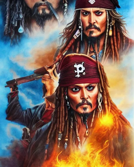 Image similar to < pirates of the prompt >!!!!! film poster featuring johnny depp, airbrush, drew struzan illustration art, key art, movie poster