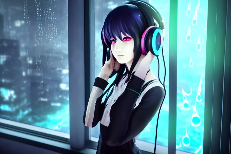 Image similar to hatsune miku with headphones is looking at a rainy window in the style of a code vein character creation, cyberpunk art by Yuumei, cg society contest winner, rayonism light effects and bokeh, daz3d, vaporwave, deviantart hd