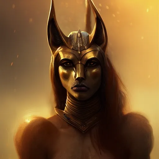 Image similar to Beautiful aesthetically pleasing female Anubis warrior portrait, face centered portrait, Confident, fog, rain, volumetric lighting, beautiful, golden hour, sharp focus, ultra detailed, conceptartworld by Leesha Hannigan, Ross Tran, Thierry Doizon, Kai Carpenter, Ignacio Fernández Ríos