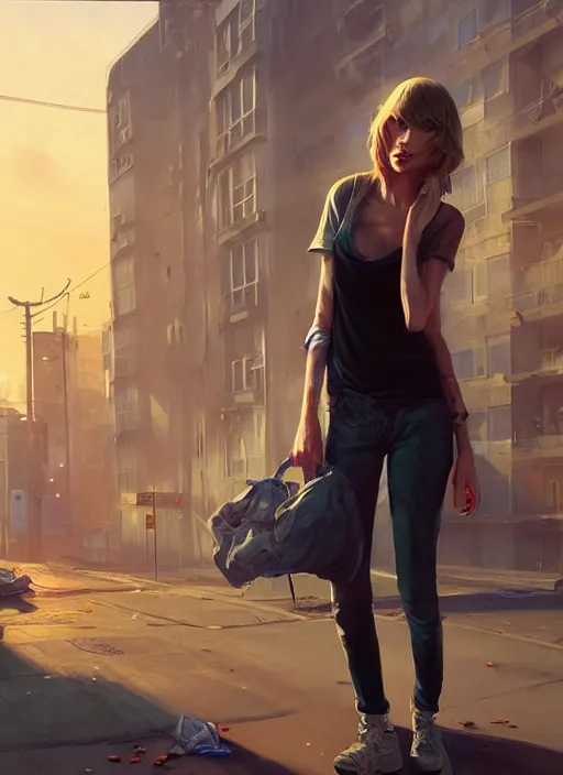 Image similar to Highly detailed full-body portrait of homeless Taylor Swift, in GTA V, Stephen Bliss, unreal engine, fantasy art by Greg Rutkowski, Loish, Rhads, Makoto Shinkai and Lois van baarle, ilya kuvshinov, rossdraws, Tom Bagshaw global illumination, radiant light, detailed and intricate environment