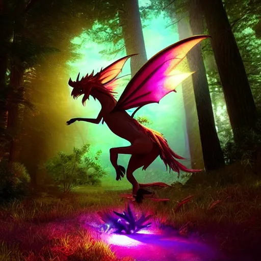 Prompt: brightly lit fairy dragon in a dim dark forest colorful 4 k path traced high definition detailed artstation realistic trending dramatic lighting