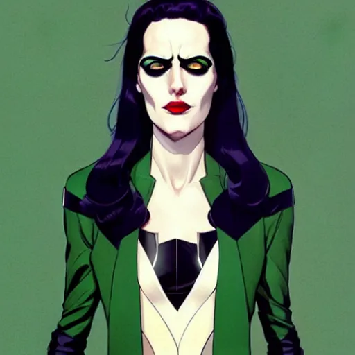 Image similar to Joshua Middleton comic art, wide shot, stunning elegant female Eva Green, spy, kabuki mask, beautiful evil sneer, symmetrical face, symmetrical eyes, leather clothing and boots, long straight green black hair, full body, Midnight pattern