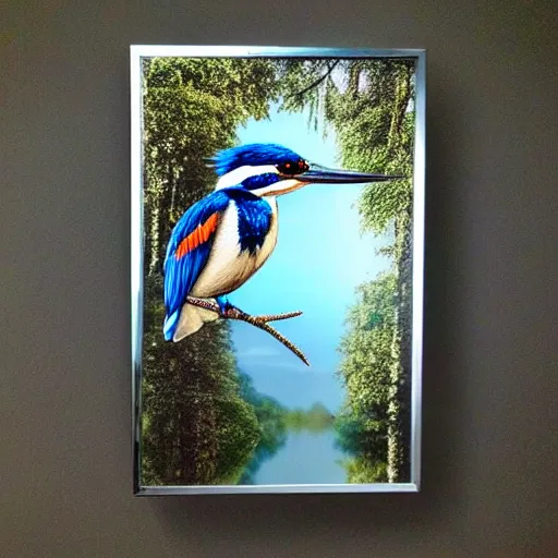 Image similar to wall art of a real life kingfisher made out of reflective crystal and very reflective polished metal, in the background is a forest, product photography