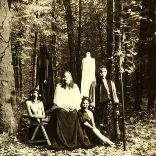 Image similar to shadow people at an occult alter in the woods vintage photo