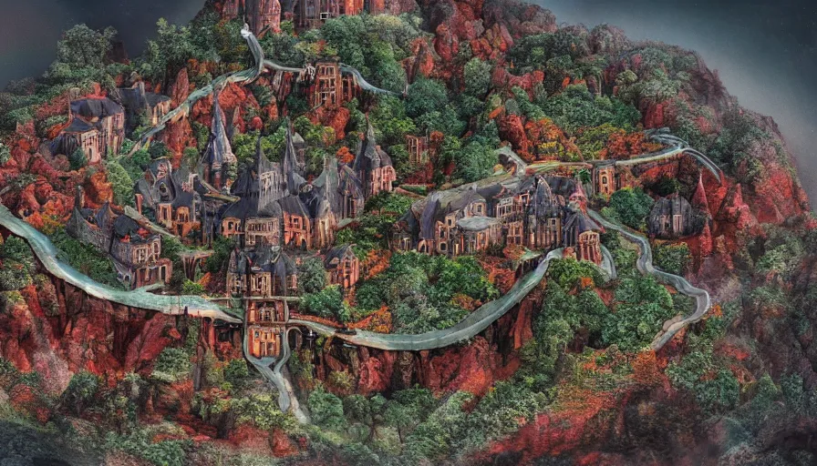 Prompt: infographic map of a beautiful foreboding scary Hyperrealistic royal castle made of red stones on top of a hill in the middle of a dark and creepy jungle, with little rainbow colorful houses in the bottom valley, macro lens, highly detailed, digital painting, trending artstation, concept art, illustration, cinematic lighting, vibrant colors, photorealism, epic, octane render