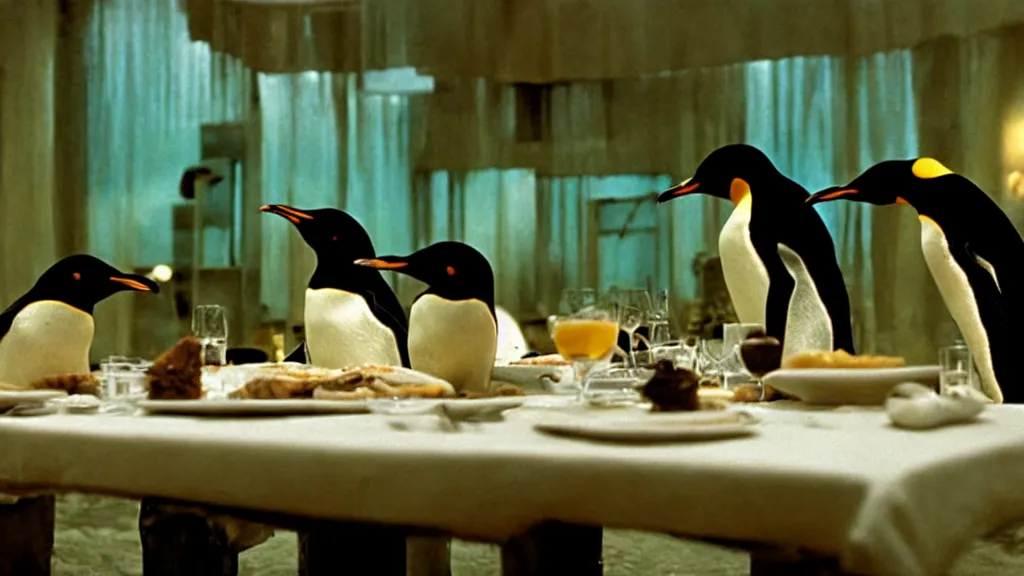 Prompt: restaurant for penguins, film still from the movie directed by denis villeneuve and david cronenberg with art direction by salvador dali and dr. seuss