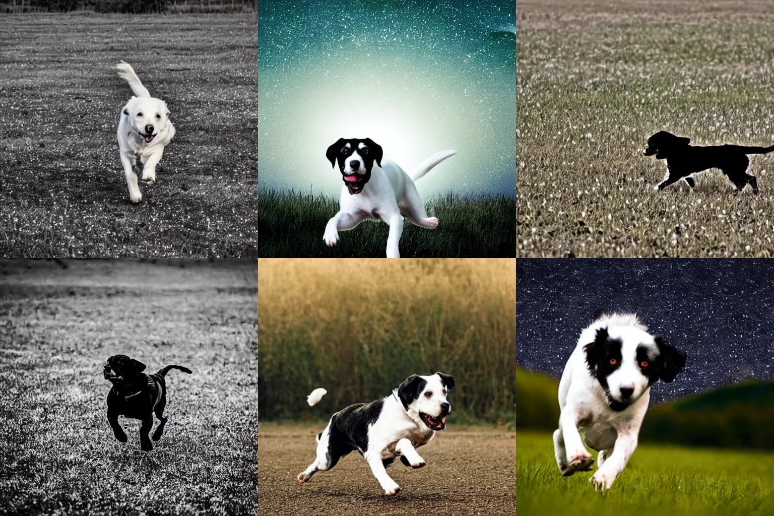 Prompt: a white and black dog running through a field of stars