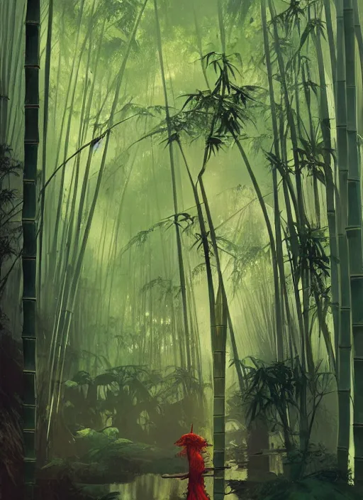 Image similar to bamboo forest, intricate, elegant, highly detailed, vivid colors, john harris, frazetta, sparth, ruan jia, jeffrey catherine jones