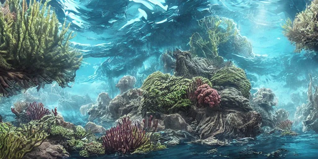 Prompt: alien underwater ecosystem, landscape, Christian Cline, Alex Ries, digital art