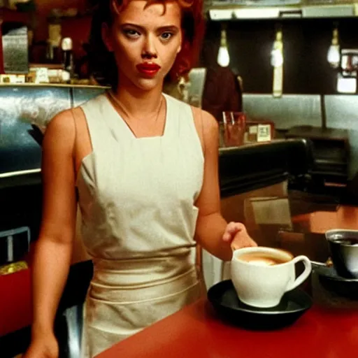 Prompt: Scarlett Johansson serving coffee at the double r diner in Twin Peaks (1990)