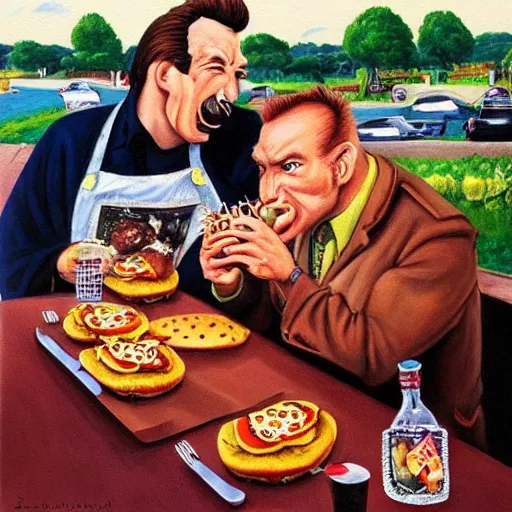 Image similar to beautiful lifelike painting of grave jones and johnny rotten eating burgers in france, hyperreal detailed facial features and uv lighting, art by ed roth and basil wolverton