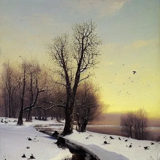 Prompt: early spring, thawed snow, trees, rooks sitting on trees, by alexey savrasov