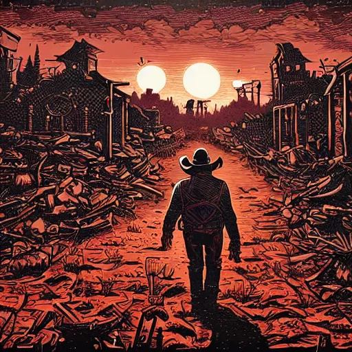 Image similar to cowboy walking into ruined town, nightime, highly detailed, artwork by dan mumford, blood red moon