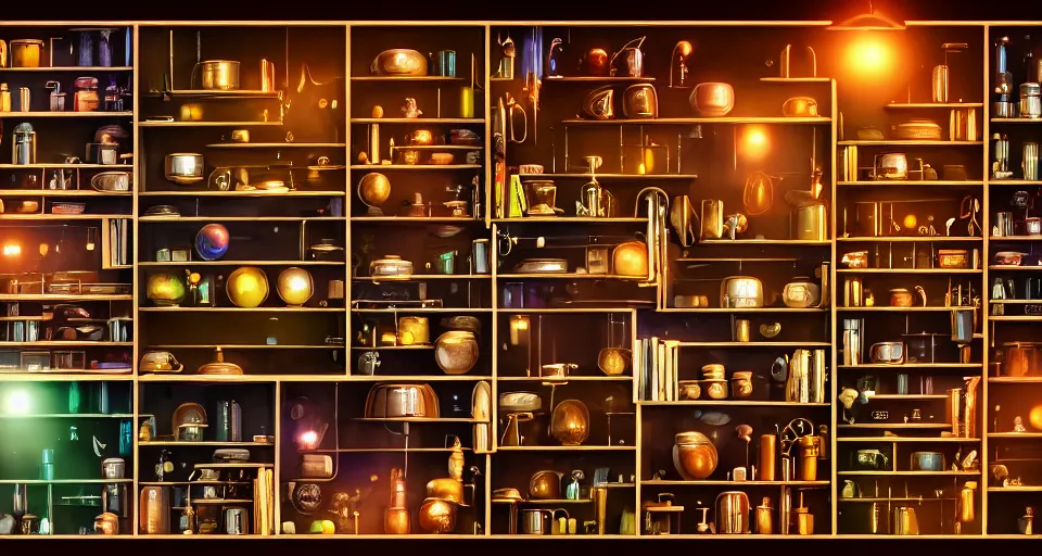 Image similar to a shelf of wonderful magical experiments, cinematic lighting, detailed, beautiful colors, ornate 4 k