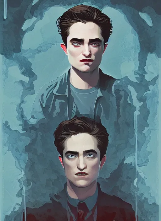 Image similar to poster artwork by Michael Whelan and Tomer Hanuka, Karol Bak, of the young researcher Robert Pattinson from scene from Twin Peaks, clean