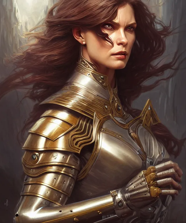 Image similar to Muscular and powerful medieval knight woman portrait, sci-fi, amber eyes, face, long hair, fantasy, intricate, elegant, highly detailed, digital painting, artstation, concept art, smooth, sharp focus, illustration, art by artgerm and greg rutkowski and alphonse mucha