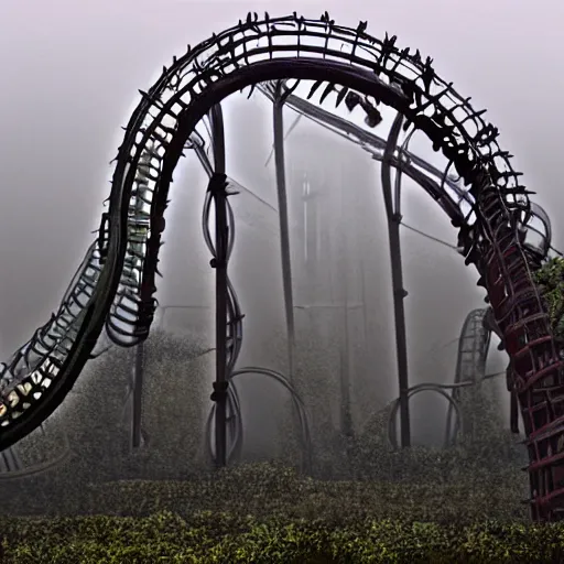 Image similar to abandoned theme park with large rollercoaster that has vines hanging from it, sharp focus, fog, hazy, creepy ambiance, desaturated, highly detailed, artgerm, rutkowski