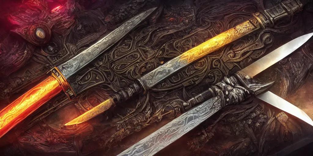 Image similar to legendary cybernetic sword lying flat on a glowing table with a long sharp black and iridescent sword blade, digital award winning hd matte painting, intimate dark moody, intricate, ornate spikes, colorful hilt, detailed realistic, raytraced blade, colored gems, future golden technological pommel, in the style of greg rutkowski and krenz cushart, deviantart