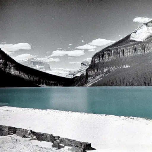 Prompt: still taken from 1945 film of Lake Louise in Banff National park, the water is orange