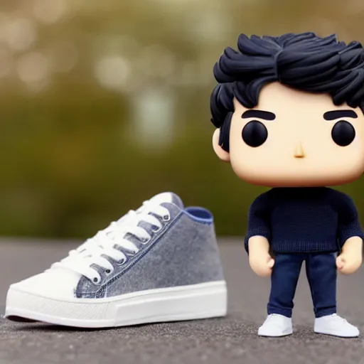 Prompt: a 21 year old skinny white programmer guy with no beard and black hair on top, short on sides, in a navy blue sweater, jeans and grey shoes funko pop close up highly detailed photo