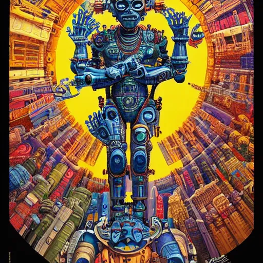 Image similar to detailed intricate color comic poster illustration of a Hindu god with a halo as an evil cyborg alien robot with lots of arms, cyberpunk, sistine chapel, davinci, religion, Hindu, vishnu, akira, dystopian, sci-fi, geof darrow, transmetropolitan, ronin