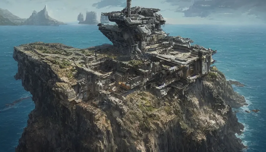 Image similar to imperial base perched on a cliff overlooking a magnificient bay, by james gurney, greg rutkowski, highly detailed digital art, artstation, greig fraser