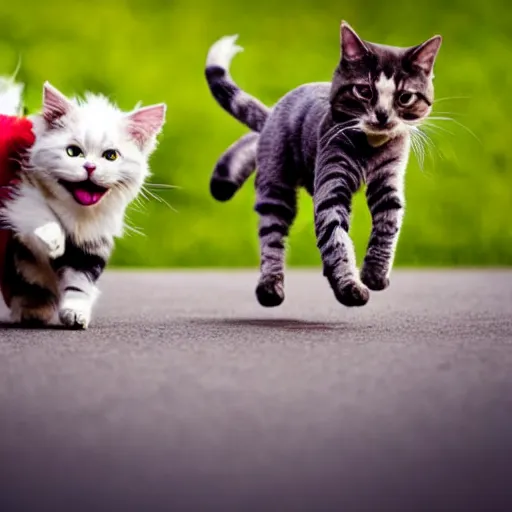 Image similar to a giant cat chasing after a little dog, little dog running away fast from the scary cat