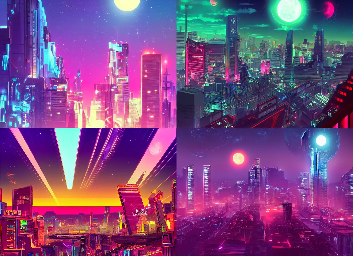 Prompt: synthwave cyber city, moon in sky, cosmic skies. trending on ArtStation.