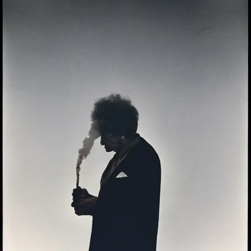Prompt: annie liebovitz photo of a man with a puff of smoke instead of his head