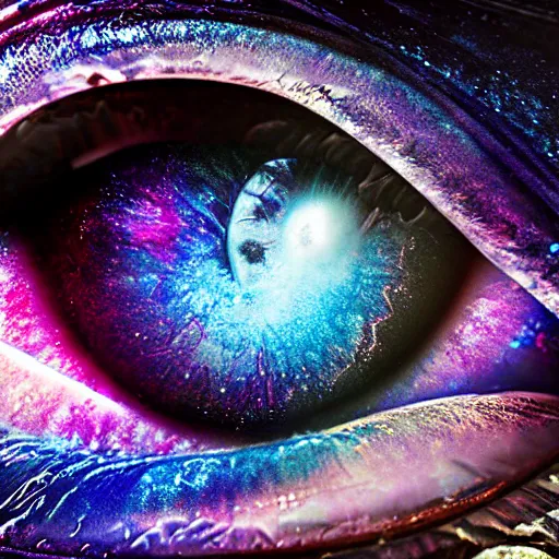 Image similar to galaxy and nebula and space inside of hyper realistic human eye, highly detailed, beautiful, intricate, colour, 4 k hd octane render,