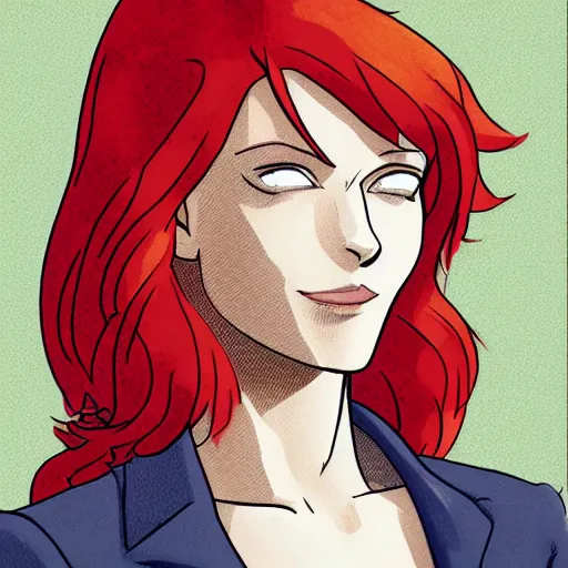 Image similar to Portrait of Jean Grey, a beautiful woman in her 30s, with red hair and green eyes, dressed casually, in the background is an elegant office, manga,