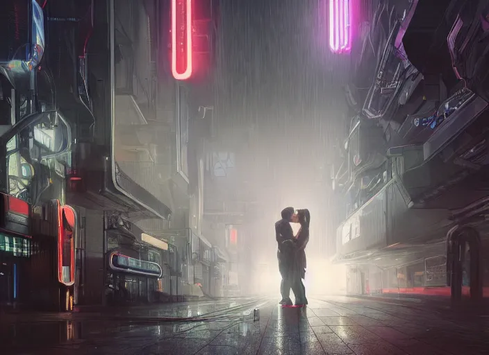 Image similar to ultra realistic medium shot of a couple of cyborgs kissing, lovers, cyberpunk, sci - fi, kodak, colour led, soft light, volumetric lighting, fog, rays, night, rain, metro station, intricate detailed, digital painting, concept art, smooth, sharp focus, illustration, art by artgerm and greg rutkowski and alphonse mucha