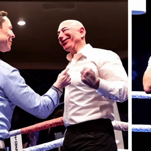 Image similar to elon musk vs jeff bezos in a boxing evening, direct professional video