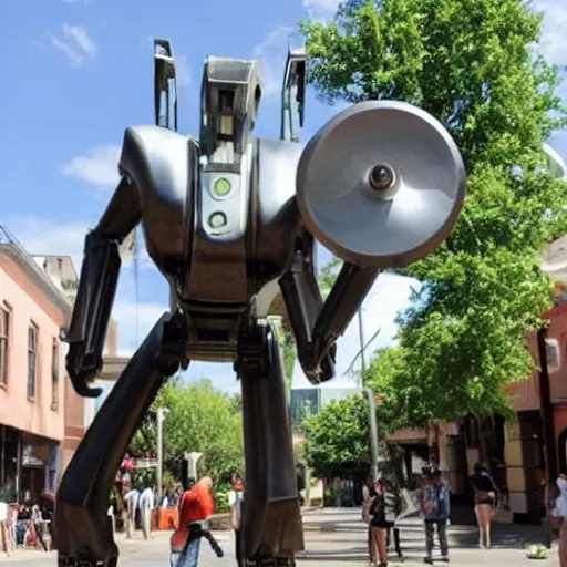 Image similar to Wheatley from portal 2 as a large metal statue in town center