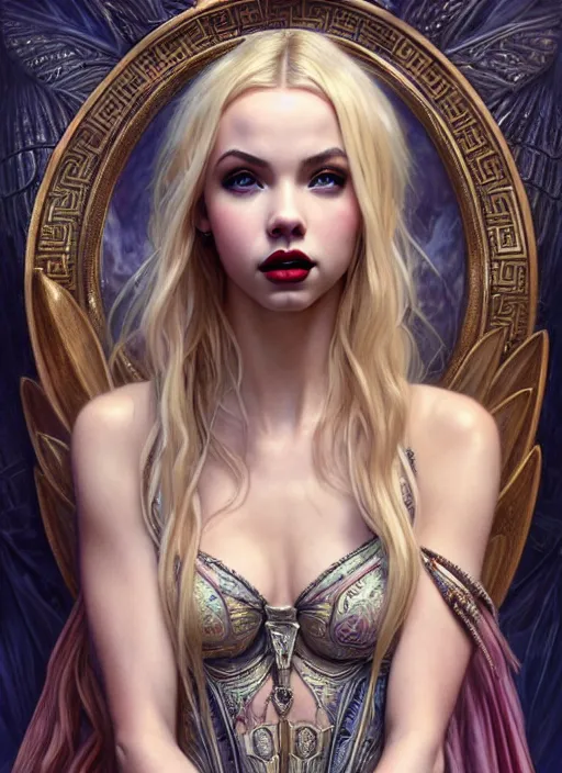 Image similar to ultra realistic illustration, a stunningly beautiful greek gothic goddess of chaos played by jordyn jones and dove cameron and margot robbie and taylor swift and megan fox and adriana lima, intricate, elegant, highly detailed, digital painting, artstation, concept art, smooth, sharp focus, illustration, art by artgerm and greg rutkowski and alphonse mucha