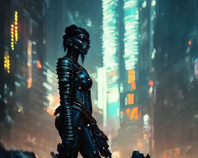 Prompt: 5 5 mm portrait photo of an armored gorgeous aesthetic woman warrior, wearing glowing armor in cyberpunk city. dark atmosphere. art by greg rutkowski. highly detailed 8 k. intricate. lifelike. soft light. nikon d 8 5 0.